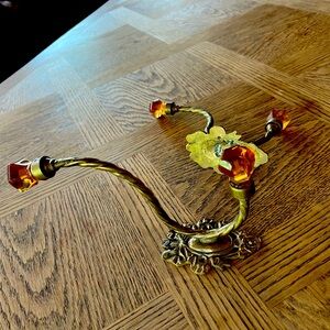 Cast Brass Vtg Victorian Style 9.5x5x2.5 Amber  Glass Coat Hat Hook